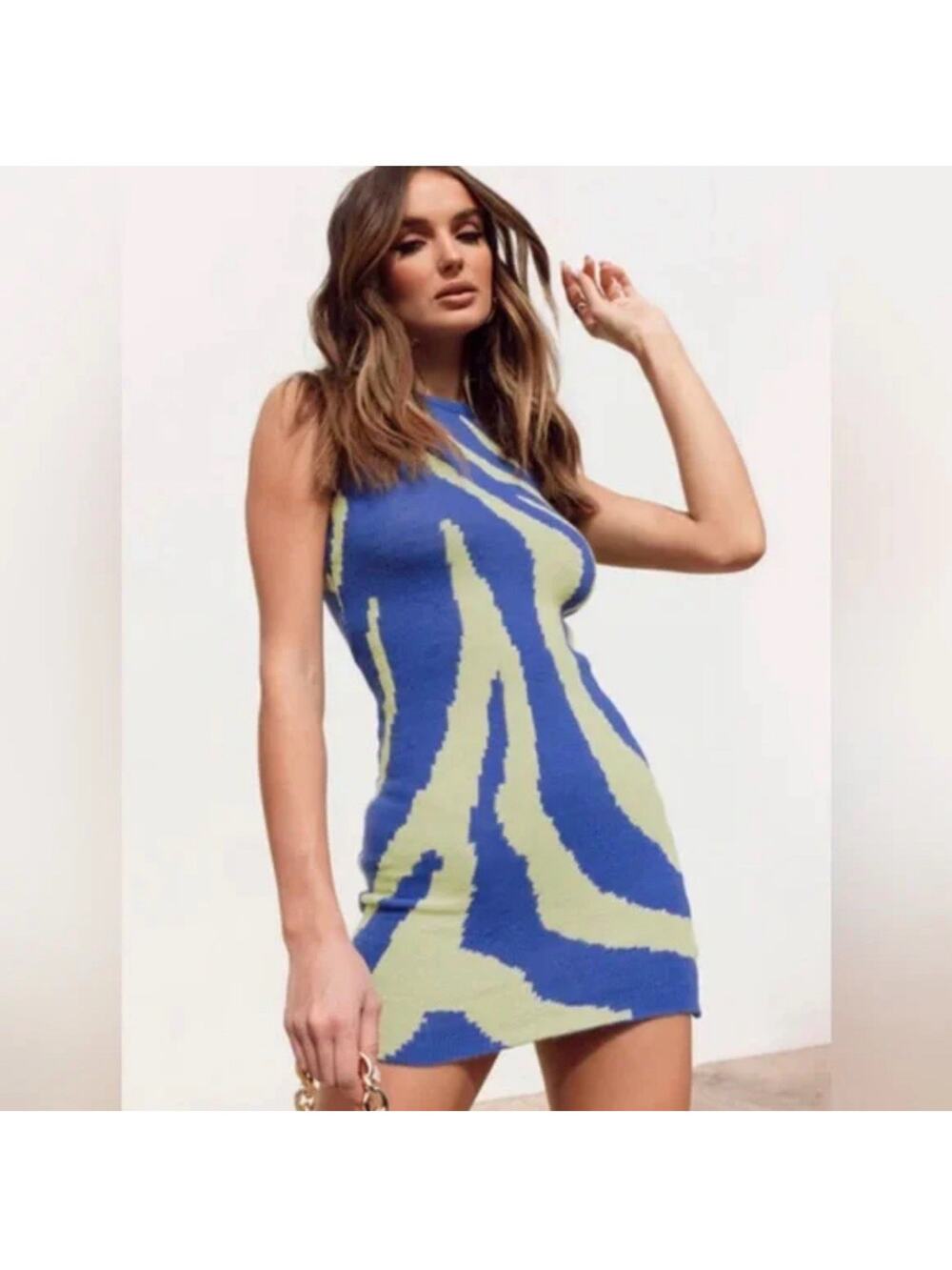 Princess Polly Women’s Mini Dress Knit Bodycon Sexy Stretch Blue/Yellow Size 4